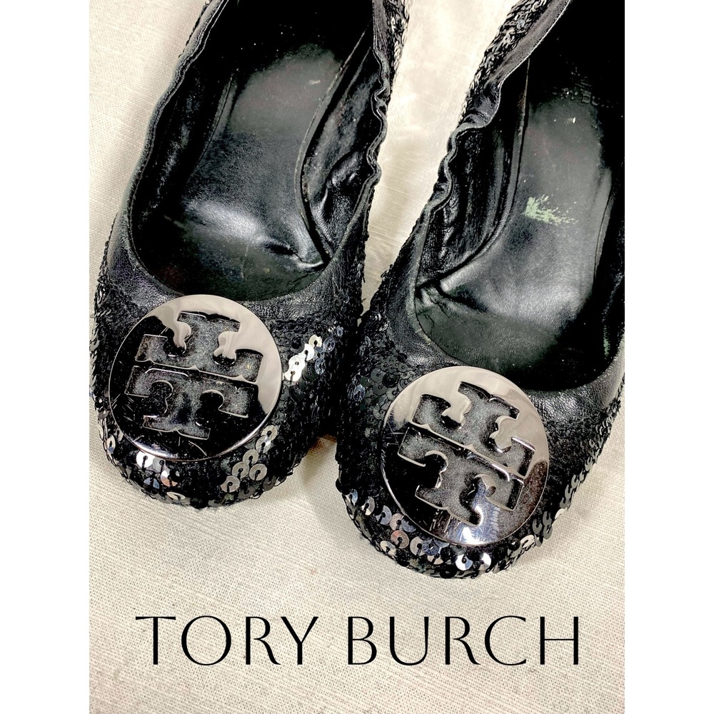 Tory Burch Sequin Reva Style Ballet Flats Black Silver Logo Shoes Size 7‎